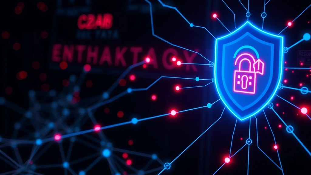 Photorealistic image of a digital security shield glowing blue protecting interconnected network nodes against red cyber attack particles, dark tech background, no text