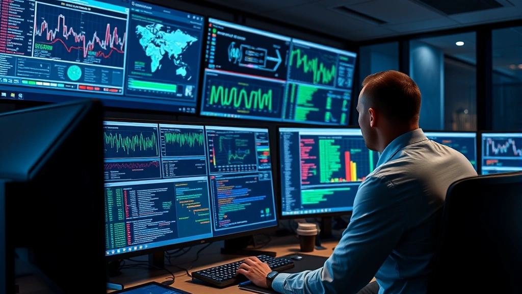 Cybersecurity professional monitoring multiple screens showing network traffic analysis and threat detection dashboards in modern SOC environment, realistic lighting and detail