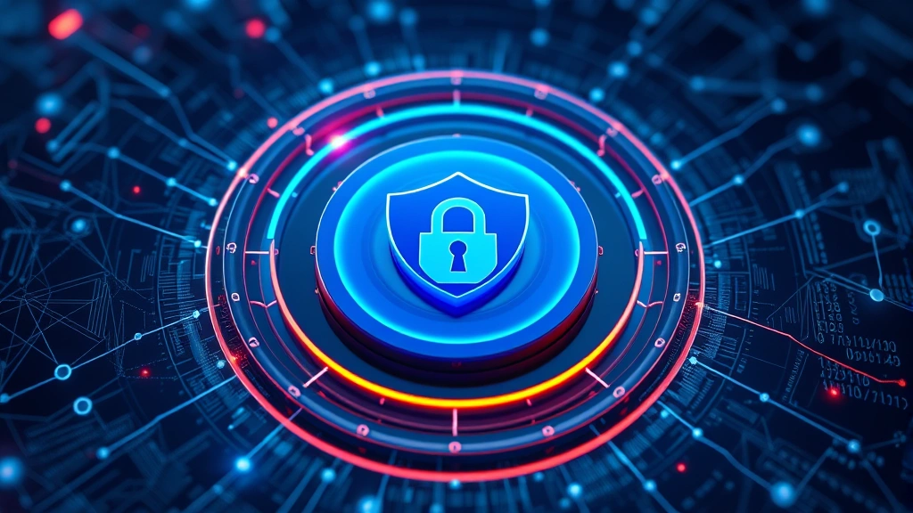 Layered security visualization showing concentric protective barriers around central data core, with network nodes and connections, abstract tech aesthetic, no code or text elements