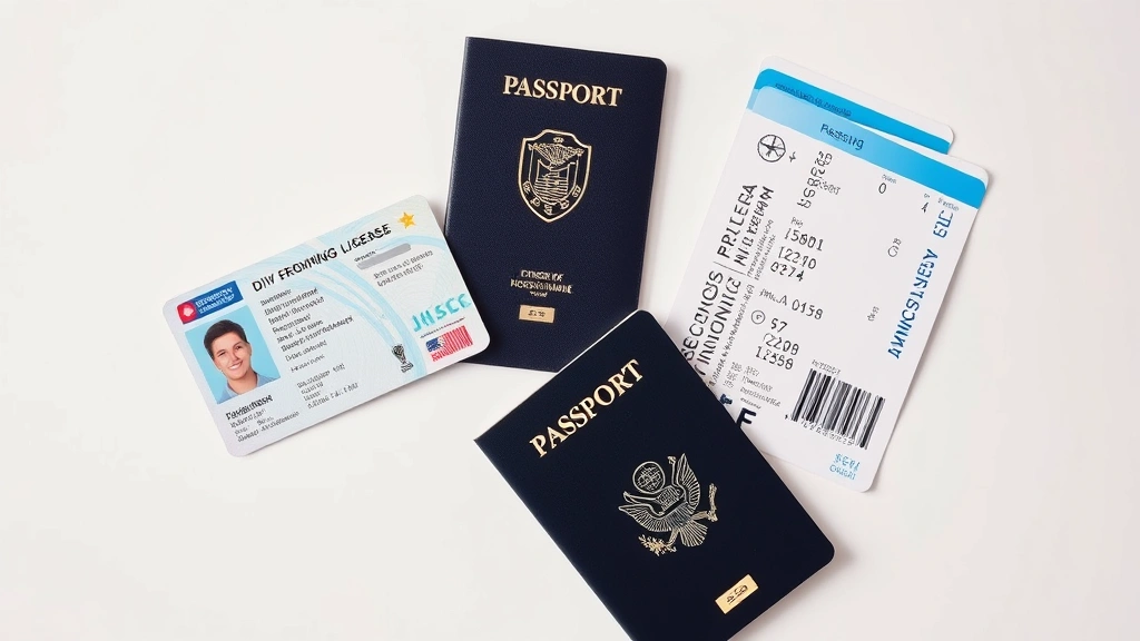 Overhead view of organized travel documents, Real ID compliant driver's license with gold star, passport, and boarding pass arranged neatly on light background, security-conscious travel preparation setup, professional photography style