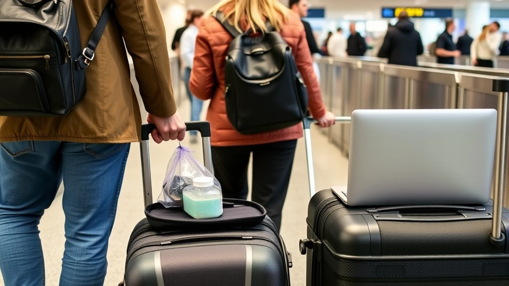 Travelers with organized carry-on luggage at security checkpoint, clear plastic liquids bag visible, laptop in accessible position, demonstrating proper packing strategy, efficient security line movement, modern airport terminal environment