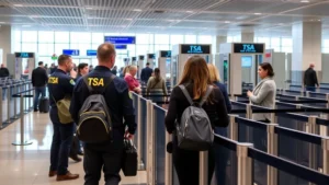Professional security checkpoint with TSA officers scanning passengers, modern airport terminal, travelers moving through security lanes, professional and efficient atmosphere, realistic lighting, no text or signage visible