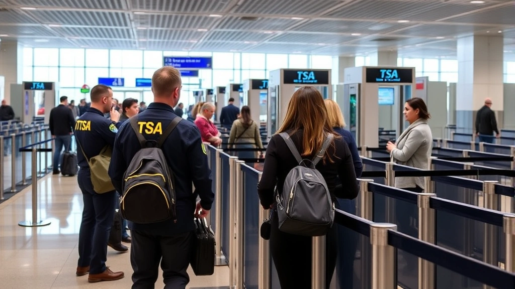 Professional security checkpoint with TSA officers scanning passengers, modern airport terminal, travelers moving through security lanes, professional and efficient atmosphere, realistic lighting, no text or signage visible