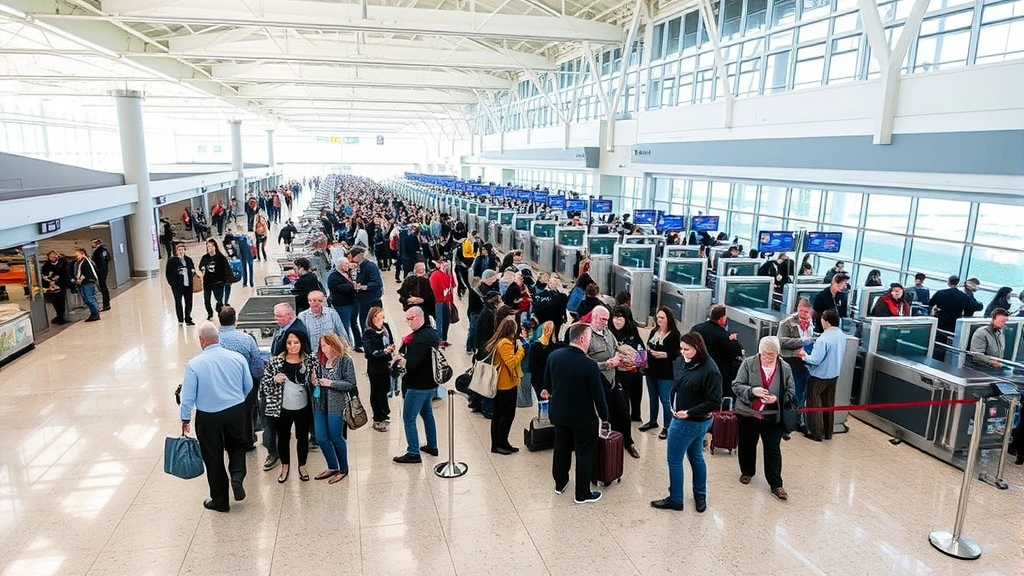 Busy Austin airport terminal with multiple security lanes, passengers waiting in organized queues, TSA checkpoint equipment visible, contemporary airport architecture, natural daylight, professional security environment
