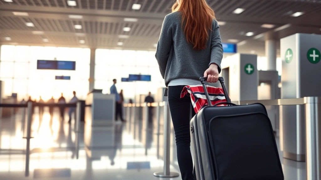 Traveler confidently moving through airport security with organized carry-on bag, wearing TSA-friendly clothing, modern terminal setting, efficient checkpoint processing, professional atmosphere, morning light