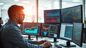 Professional cybersecurity expert analyzing financial data on multiple monitors in a modern office, displaying charts and security dashboards, photorealistic, no text