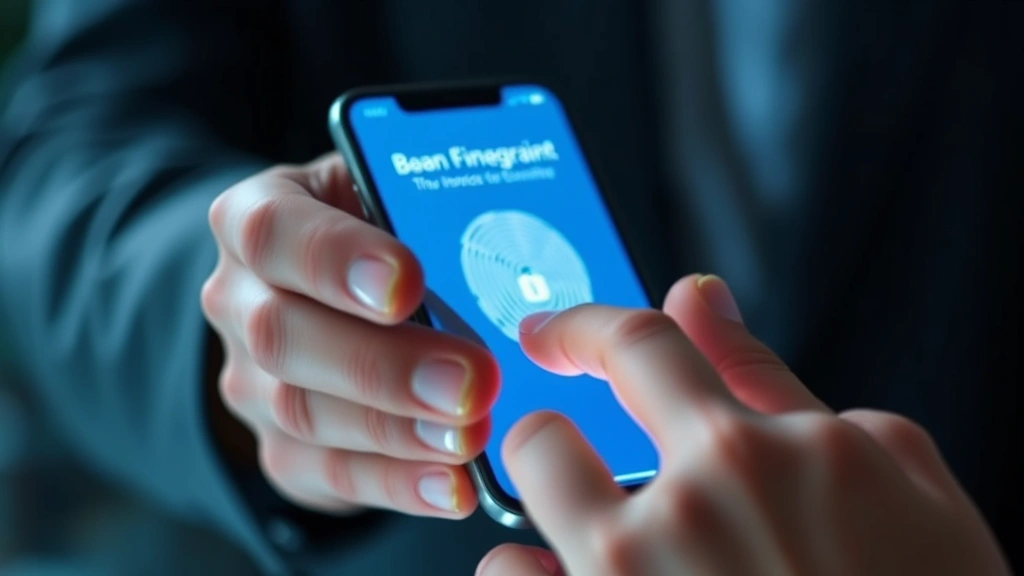 Close-up of hands using biometric fingerprint authentication on a smartphone for secure banking access, modern device, photorealistic, no visible text