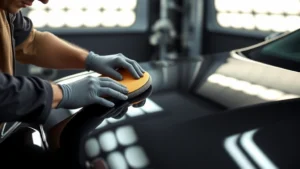 Professional detailer applying ceramic coating to luxury car hood with precision applicator pad, controlled lighting environment, protective workspace setup