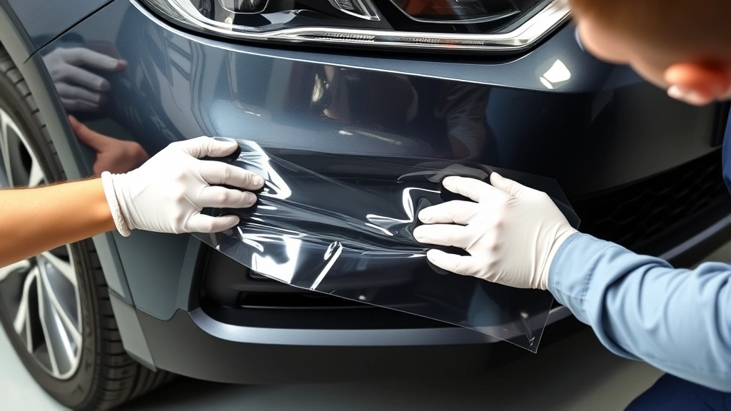 Technician installing transparent paint protection film on vehicle front bumper, stretching film carefully, showing application technique and precision work