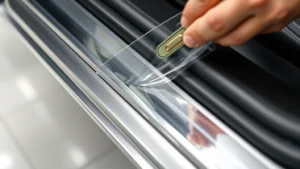 Close-up of transparent protective film being applied to car door sill, showing clear glossy surface shielding metallic paint from damage, professional installation in automotive detail shop