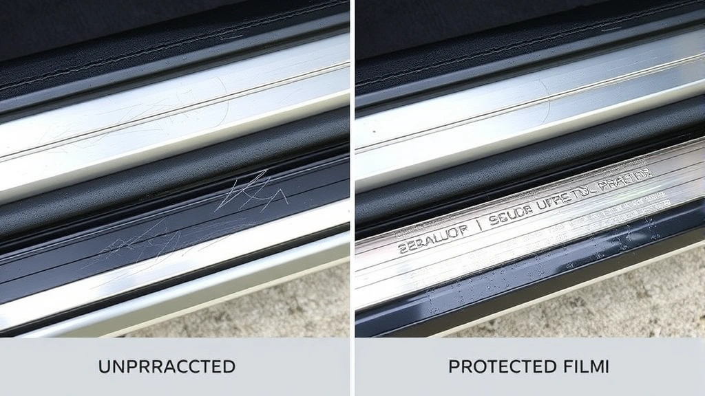 Comparison view showing scratched unprotected door sill next to pristine protected sill with clear film, demonstrating protection effectiveness against abrasion and wear damage