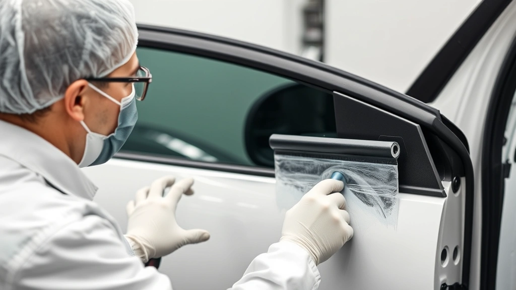 Professional technician using squeegee to apply protective coating to vehicle door frame, showing proper installation technique with precision tools in controlled environment