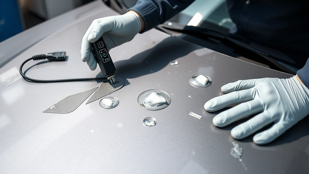 Professional automotive technician inspecting hail damage on vehicle hood with specialized assessment tools, showing multiple impact points on metallic paint surface under natural lighting