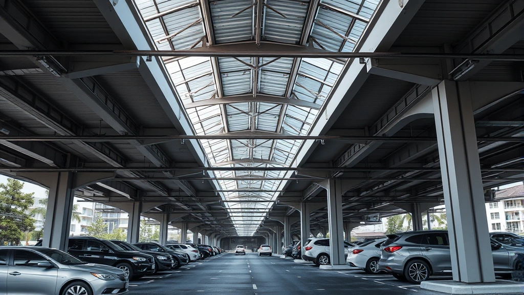 Modern covered parking garage structure with reinforced columns and metal framework, vehicles safely parked underneath, showing multi-level protective architecture design
