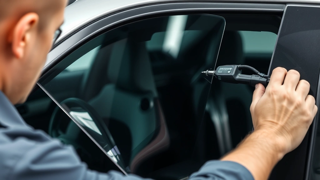 Person applying transparent protective film to vehicle window with precision tools, demonstrating professional installation technique for impact-resistant coating application