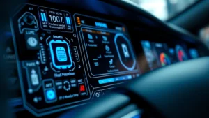 Close-up photorealistic image of a vehicle's digital control interface showing multiple electronic systems, circuit boards, and network connections with blue light indicators, emphasizing the digital nature of modern automotive technology