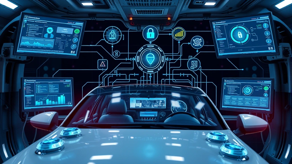 Professional photorealistic image of a vehicle being scanned by cybersecurity equipment, showing network diagnostic tools and security monitoring displays, illustrating digital threat detection and automotive system analysis