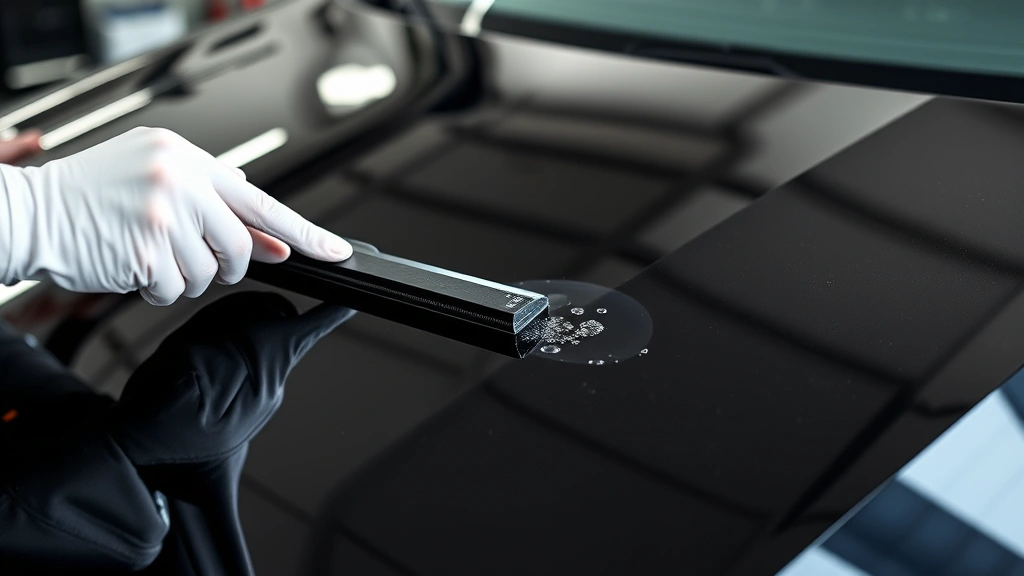 Close-up of a technician's hands applying transparent protective film to a black car's hood using a squeegee tool, showing precision technique with water droplets and careful pressure application in a professional auto shop setting