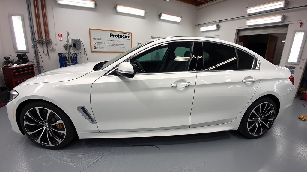 Wide-angle view of a luxury white sedan being prepped for paint protection film installation, with professional masking tape on trim, clean workspace, and climate-controlled facility with proper lighting and equipment visible