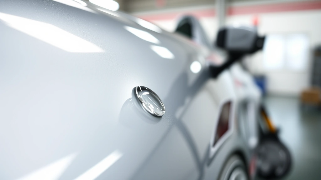 Detailed macro photograph showing the self-healing properties of paint protection film with a minor scratch on the transparent coating, droplets of water on the surface, and professional workshop environment in soft focus background
