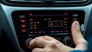 Close-up of a vehicle's security system control panel showing alarm status indicators and sensor monitoring displays, with hands operating the interface, professional automotive security setting