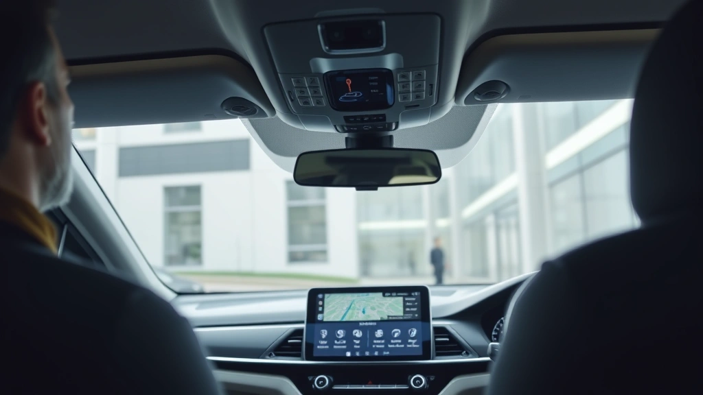 Modern car interior showing keyless entry system, GPS navigation display, and connected vehicle technology dashboard with security notifications visible