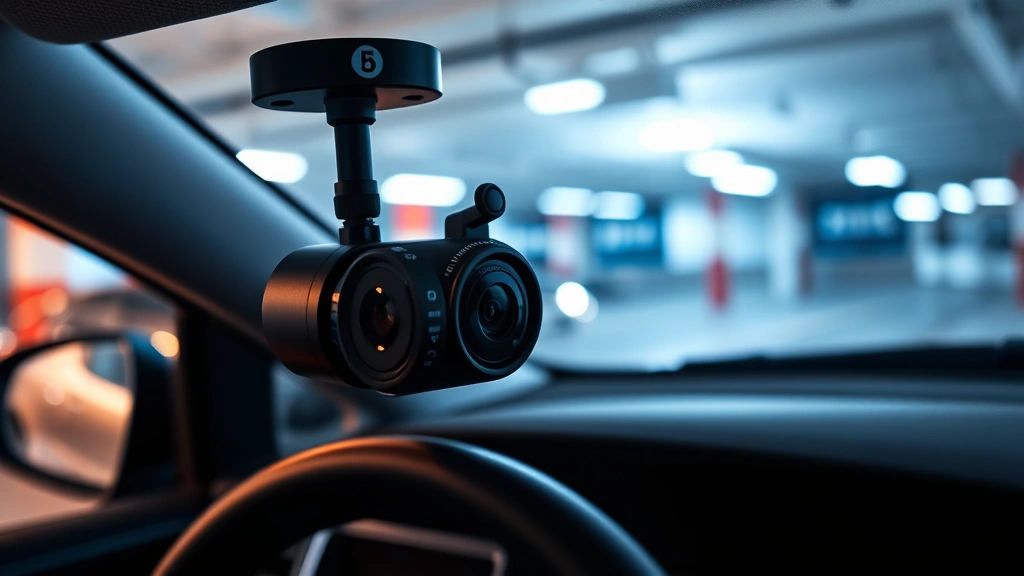 Professional automotive security camera mounted on modern vehicle dashboard, showing high-definition lens and night vision capability, realistic indoor parking garage setting with natural lighting reflecting off windshield
