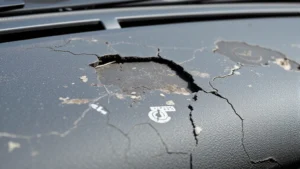 Close-up of damaged car dashboard with visible cracks and fading from sun exposure, showing deteriorated plastic texture and discoloration