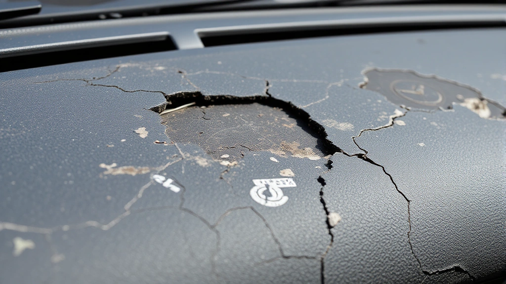 Close-up of damaged car dashboard with visible cracks and fading from sun exposure, showing deteriorated plastic texture and discoloration