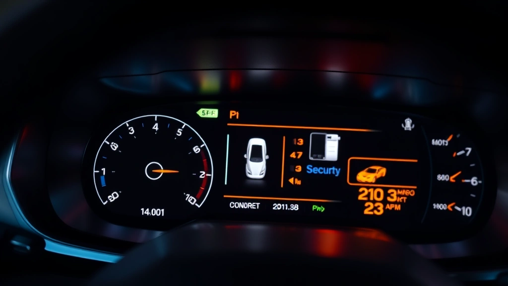 Close-up of a modern vehicle's sleek dashboard with glowing digital display showing connected features and security indicators, professional automotive interior lighting, no visible text or codes