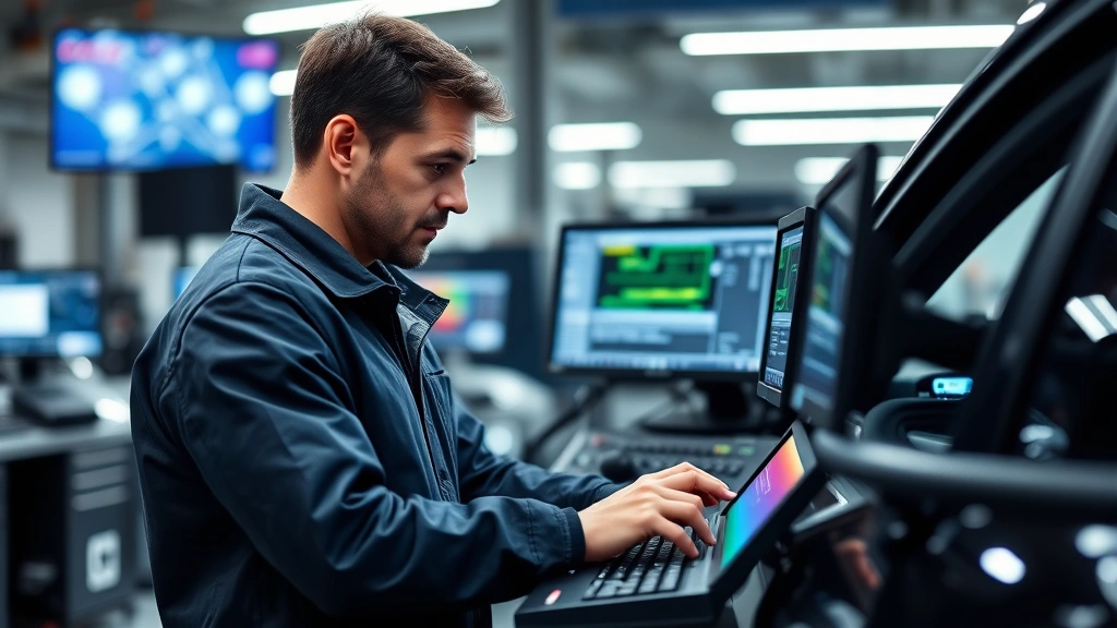 Cybersecurity professional examining vehicle security systems with diagnostic equipment in a modern automotive workshop, focused hands-on technical work, professional environment with security monitoring screens visible but blurred