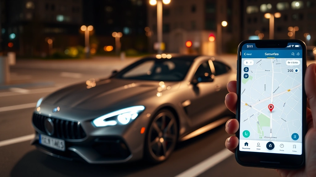 Advanced vehicle tracking technology visualization showing GPS coordinates and security monitoring interface on a mobile device held near a luxury car, nighttime urban parking lot setting, no readable screen text