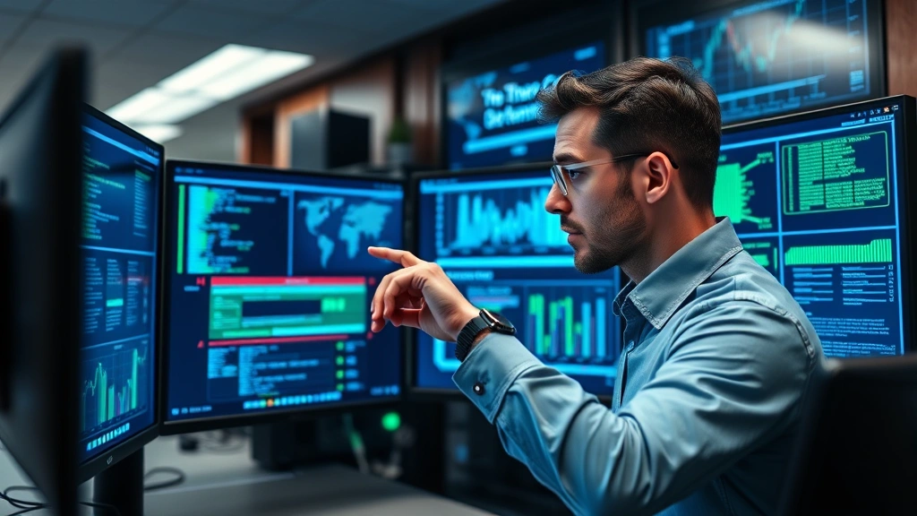 Professional cybersecurity analyst examining network security dashboard on multiple monitors, blue and green data visualization displays, secure server room environment, focused expression analyzing threat detection systems