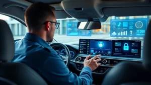Professional cybersecurity expert in modern vehicle interior analyzing digital dashboard displays showing security metrics and threat monitoring systems on multiple screens with blue security indicators and lock icons