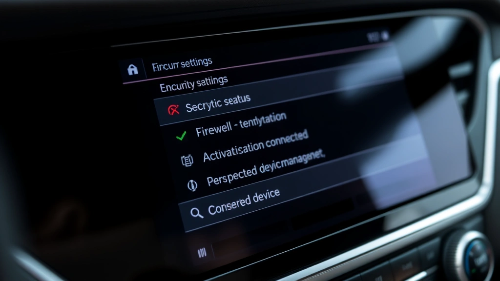 Close-up of vehicle infotainment system touchscreen displaying security settings menu with encryption status indicators, firewall activation toggles, and connected device management options in clean interface design