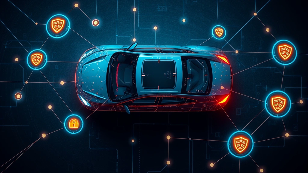 Overhead view of a car connected to glowing digital network nodes and security shield icons, illustrating connected vehicle systems and cybersecurity infrastructure in automotive technology