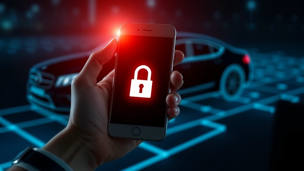 Hands holding a smartphone with a security lock icon displayed, connecting to a car silhouette in the background, depicting mobile device security and vehicle connectivity risks