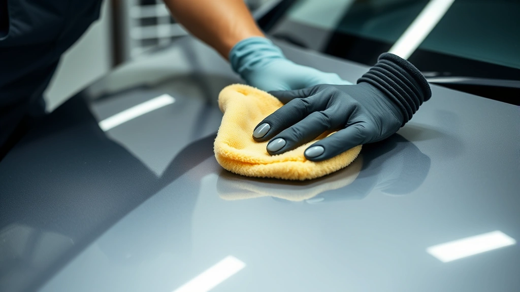 Professional automotive detailer applying ceramic coating to vehicle hood with microfiber applicator pad, precision technique visible