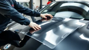 Professional technician applying transparent paint protection film to luxury vehicle hood using precision techniques, showing careful application and adhesive bonding process, photorealistic automotive workshop setting
