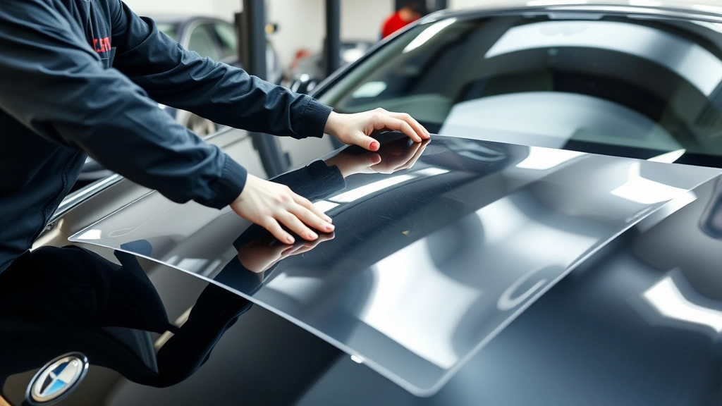Professional technician applying transparent paint protection film to luxury vehicle hood using precision techniques, showing careful application and adhesive bonding process, photorealistic automotive workshop setting