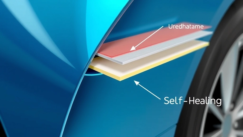 Close-up cross-section view of automotive paint protection film layers demonstrating self-healing properties, showing urethane material, adhesive layer, and vehicle paint, photorealistic technical visualization without text