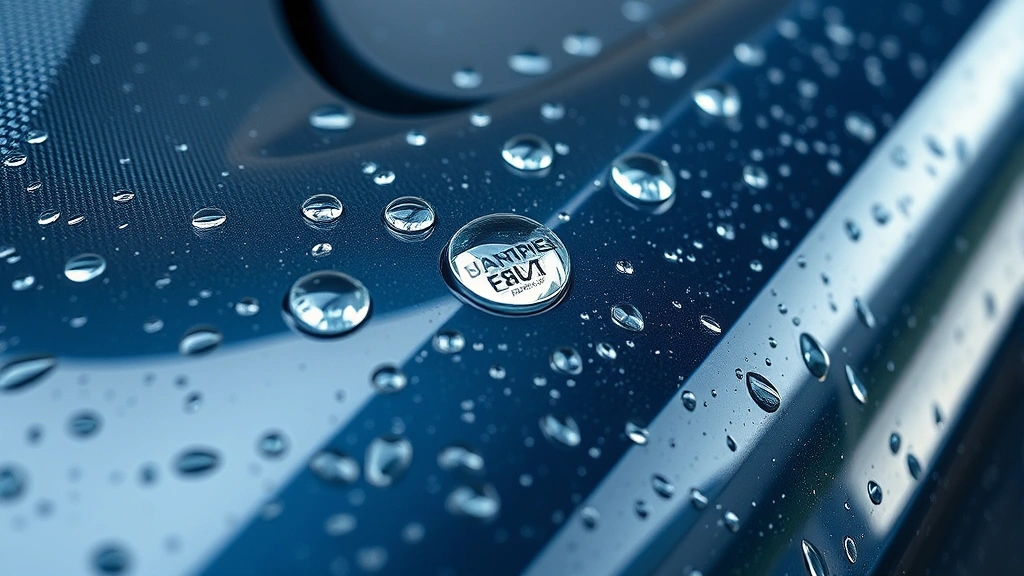 Detailed macro photograph of paint protection film surface showing water beading effect and hydrophobic properties, with raindrops rolling off protected vehicle exterior, photorealistic automotive detail shot