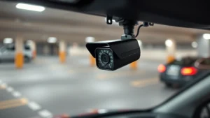 Professional automotive security camera mounted on vehicle exterior, sleek black design, capturing parking lot environment with clear night vision display, photorealistic high-quality image