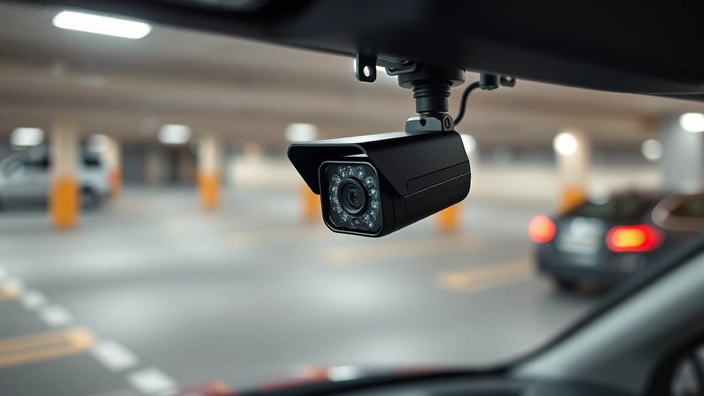 Professional automotive security camera mounted on vehicle exterior, sleek black design, capturing parking lot environment with clear night vision display, photorealistic high-quality image