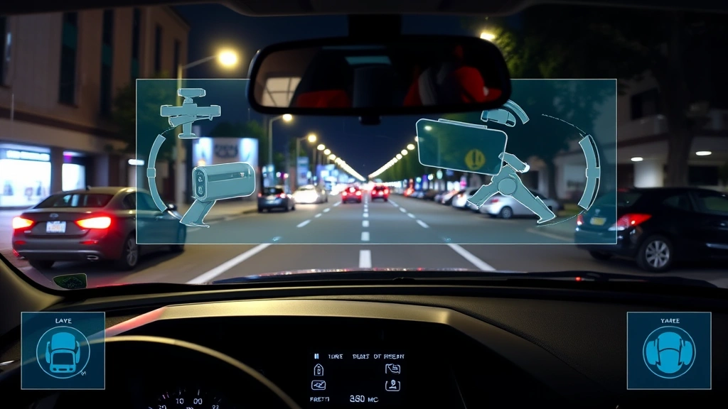 Dashboard view through windshield showing multi-angle camera coverage visualization overlaid on street scene, nighttime urban parking area with vehicle protection indicators, no text elements