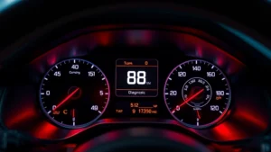 Close-up of a modern vehicle dashboard with illuminated warning lights and digital display showing diagnostic information, photorealistic automotive interior