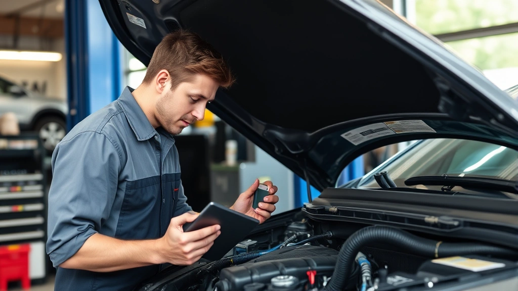 Professional mechanic in service center examining vehicle engine components with diagnostic tools, detailed mechanical work in progress, natural lighting
