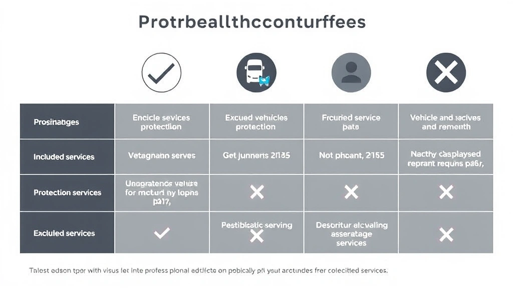 Comparison chart visualization showing different vehicle protection coverage tiers with checkmarks and X marks indicating included and excluded services