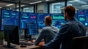 Team of cybersecurity professionals monitoring network security operations center with multiple displays showing data analytics and threat intelligence dashboards in modern office environment