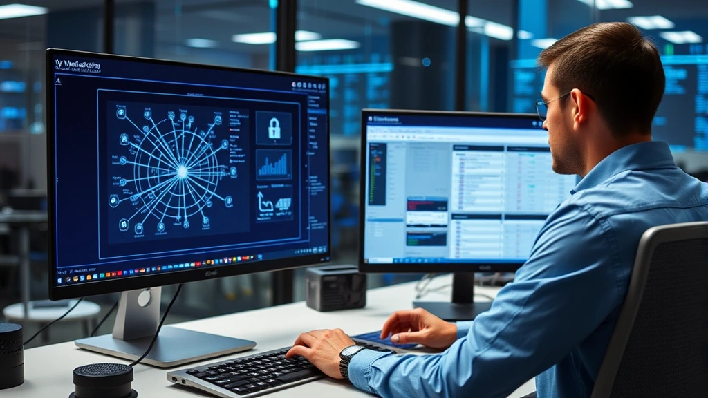 Cybersecurity professional conducting vulnerability assessment on networked infrastructure with network diagram visualization and security assessment tools displayed on workstation